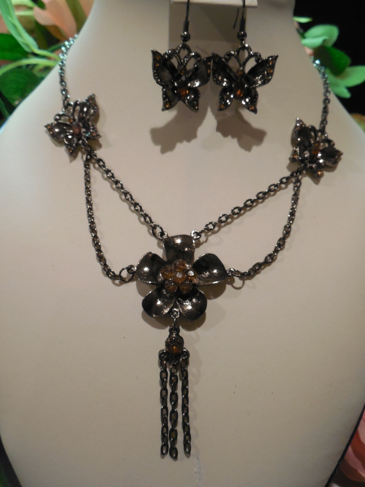 Ion Plated Black Stainless Steel Amber Rhinestone Butterfly Necklace Set