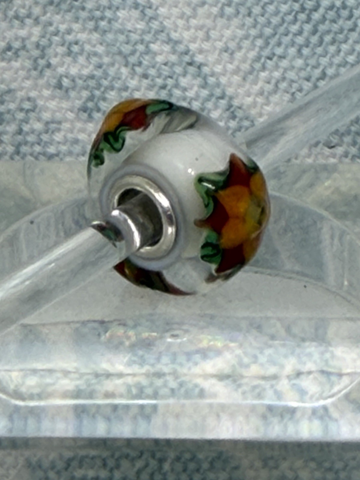 Authentic Trollbeads OOAK Yellow Star Flowers & Green on White CC, New (117)