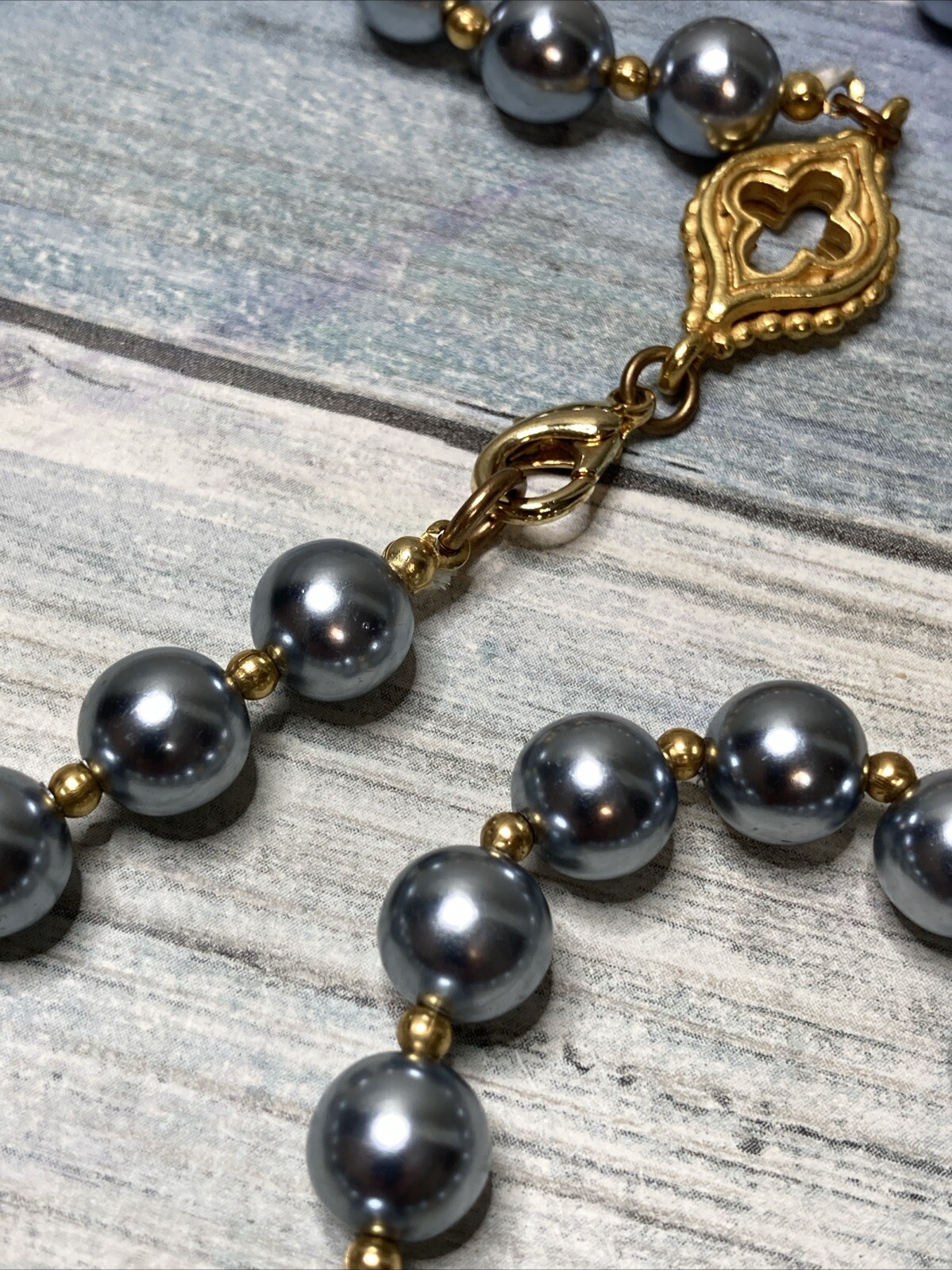 Gray Bead Gold Tone Charm 54″ Necklace Fashion Costume NWOT