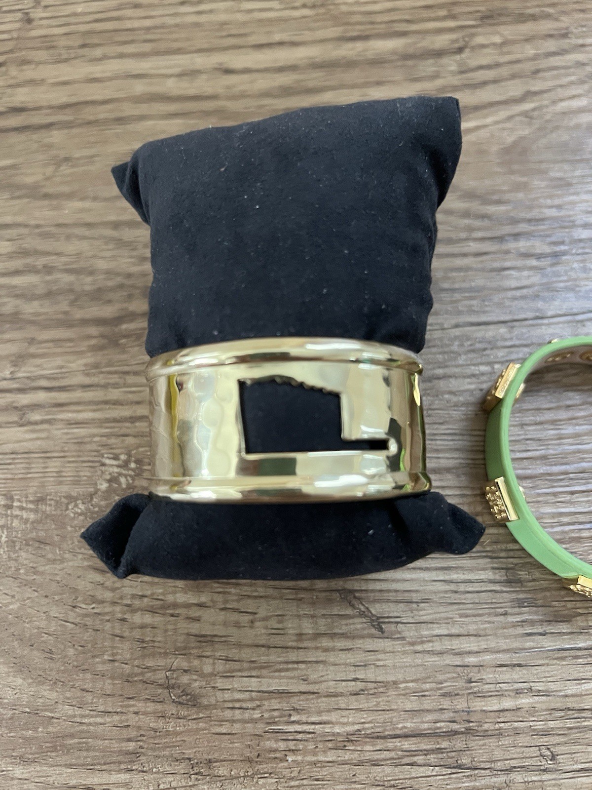 Rustic Cuff Signed Green Crystal Gold Plated Bracelet Jewelry Set