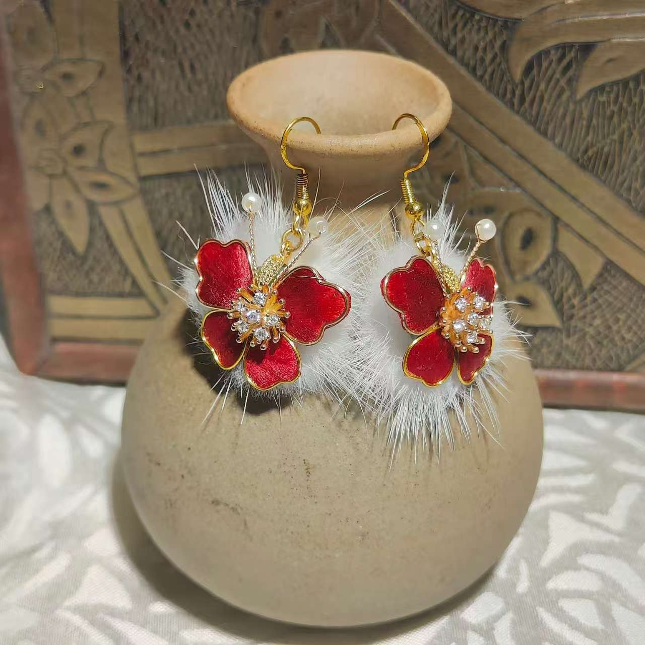 Chinese Style Hanfu Pearl Velvet Flower Drop Earrings Vintage Ear Jewelry