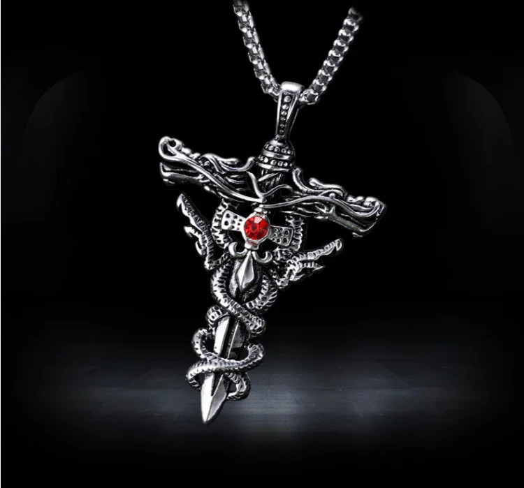 Punk Gothic Necklace Men Alloy Dragon Sword Evil Eye Cross Pendant Jewelry Gift