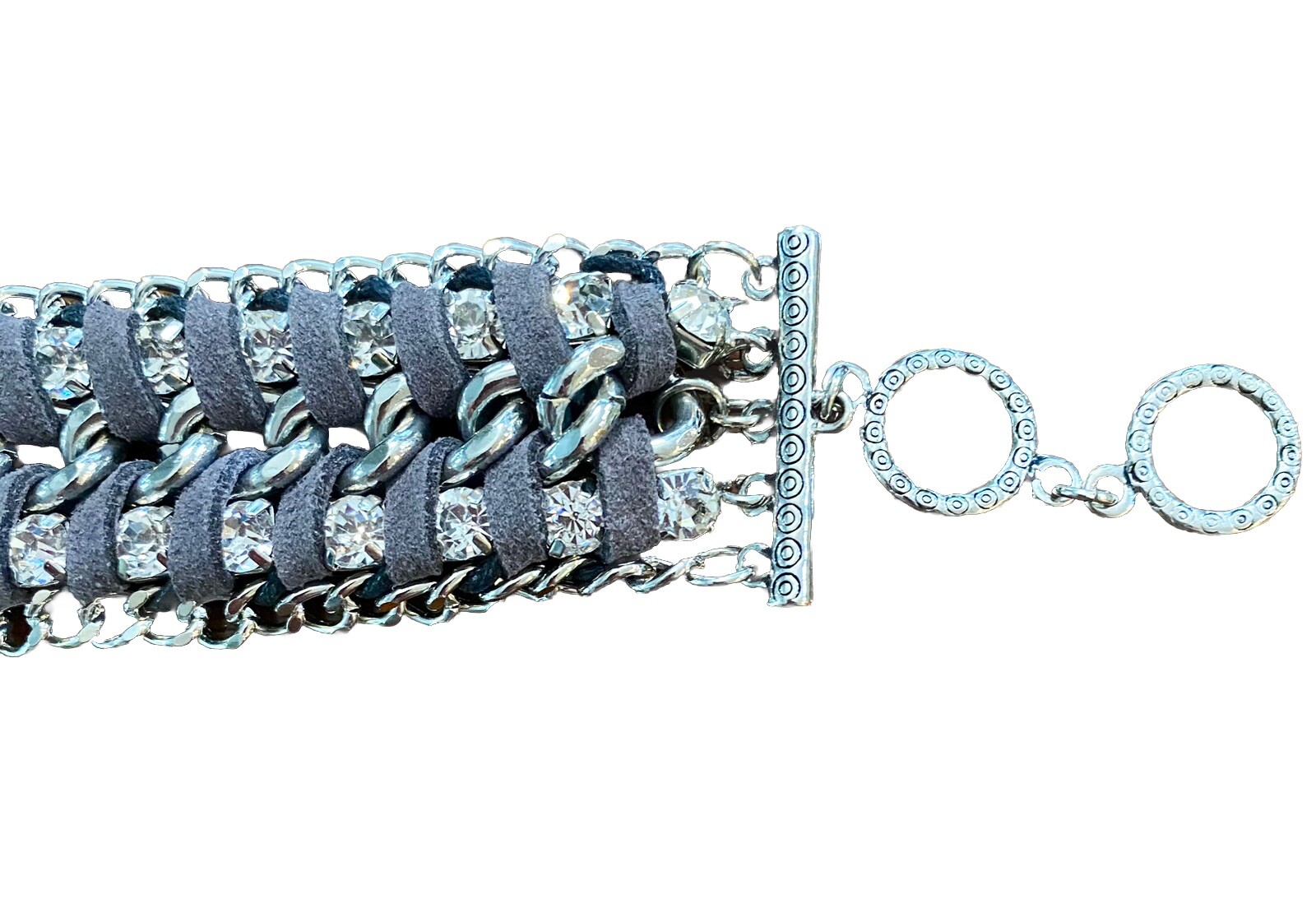 NEW Premier Designs Gray Leather Bracelet, Silver Tone Chains, Rhinestones