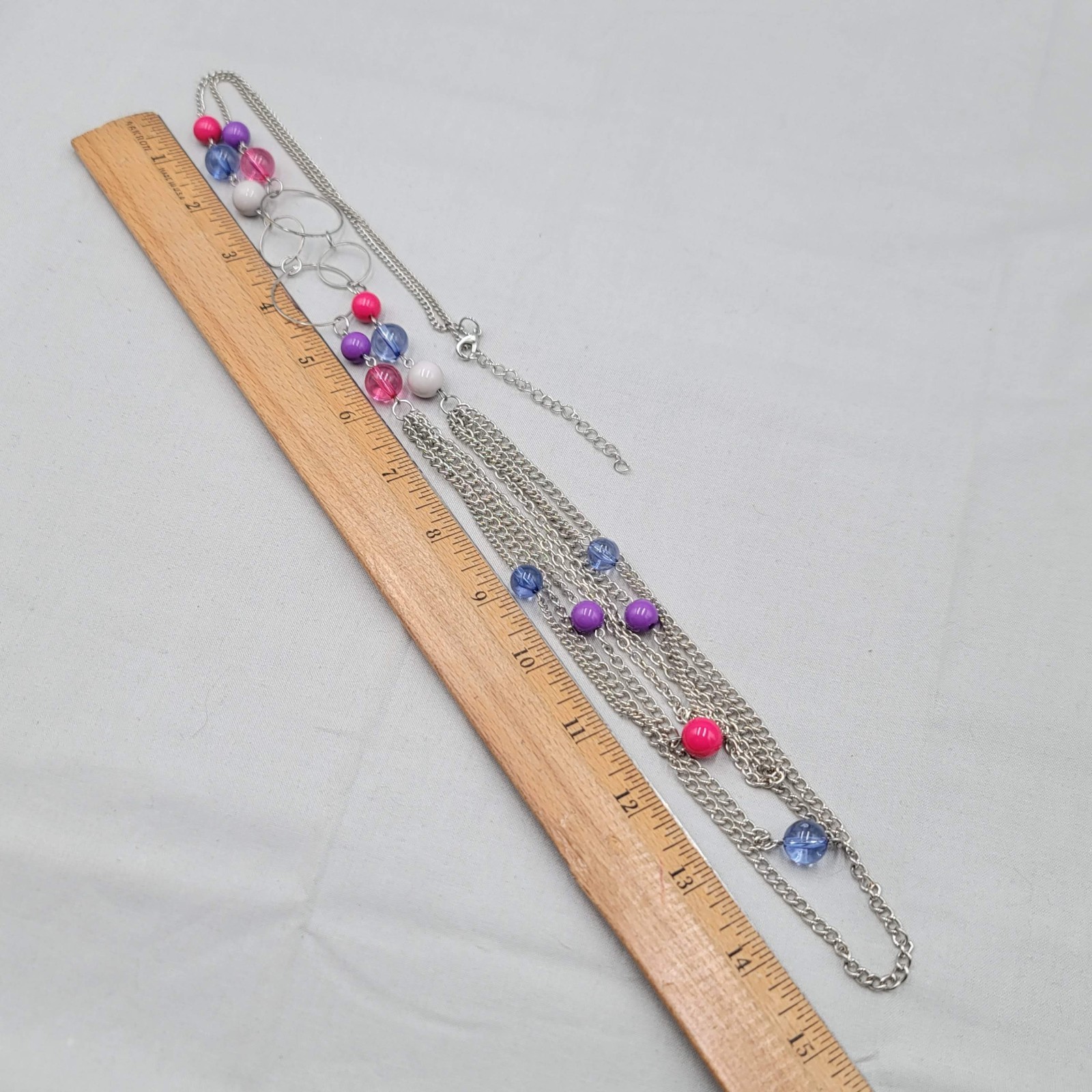Purple Pink Blue Bead Layered Necklace Silver tone 30 in Long