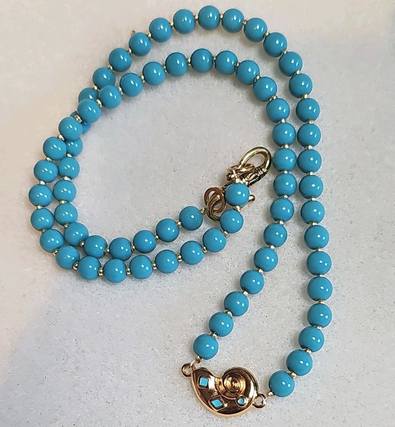 Turquoise Glass Beaded Necklace W/ 18k Gold Plate Shell Enamel Focal S-hook Clos