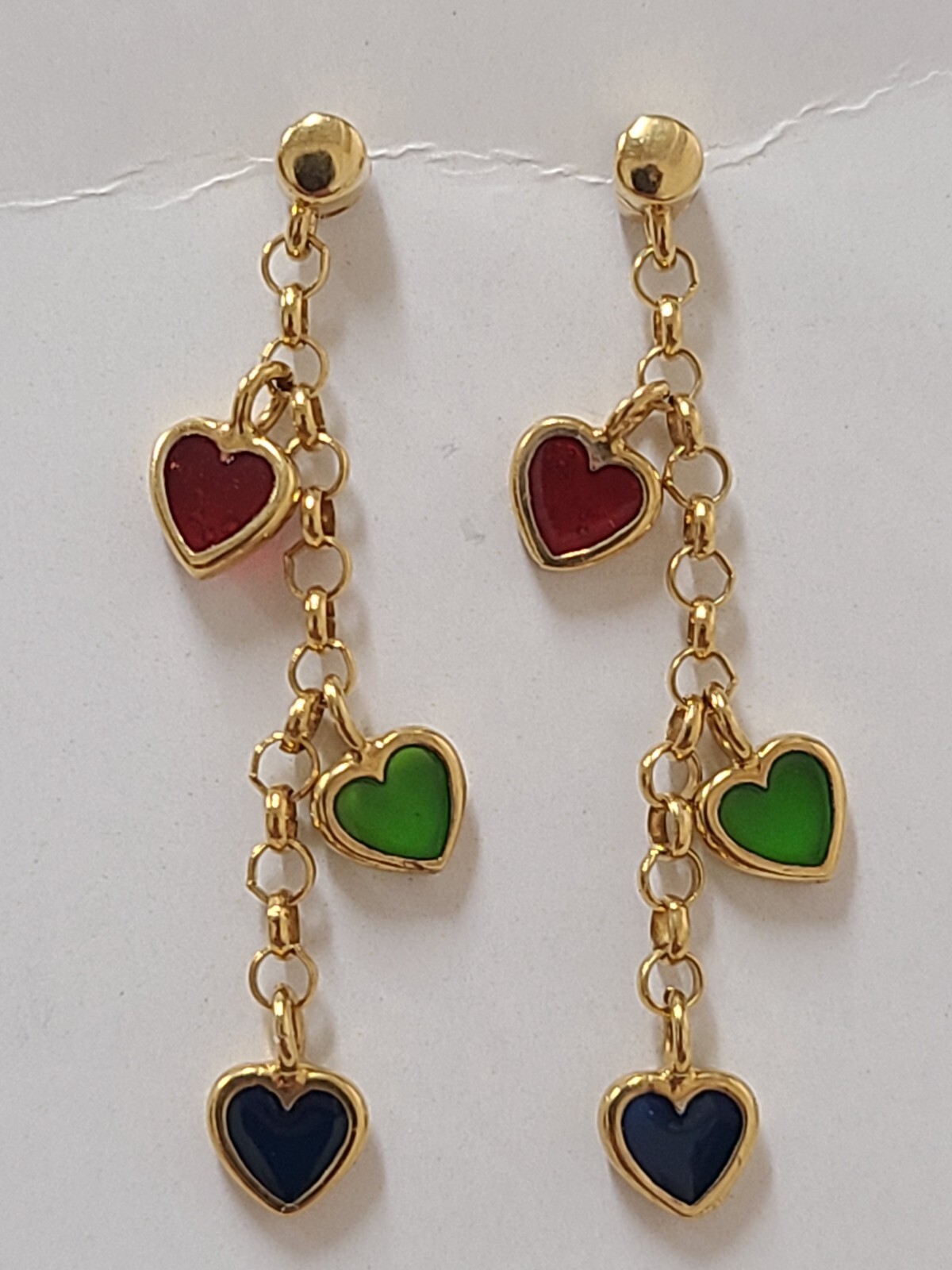 Triple Dangling Heart Earring 14k Yellow Gold Red Green Blue Enamel Hearts 38mm