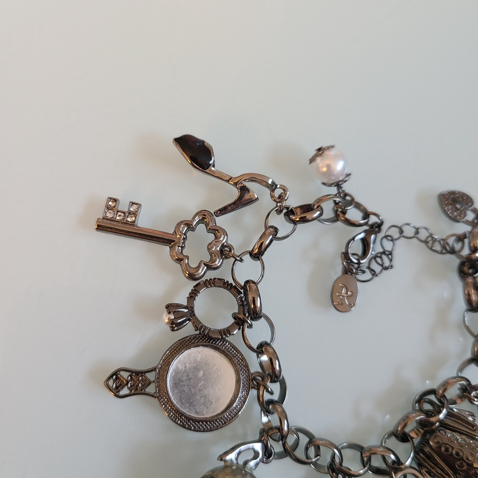 10″ Whimsical Fairytale Charm Bracelet Gunmetal Tone Teapot Frog Mirror Shoe Key