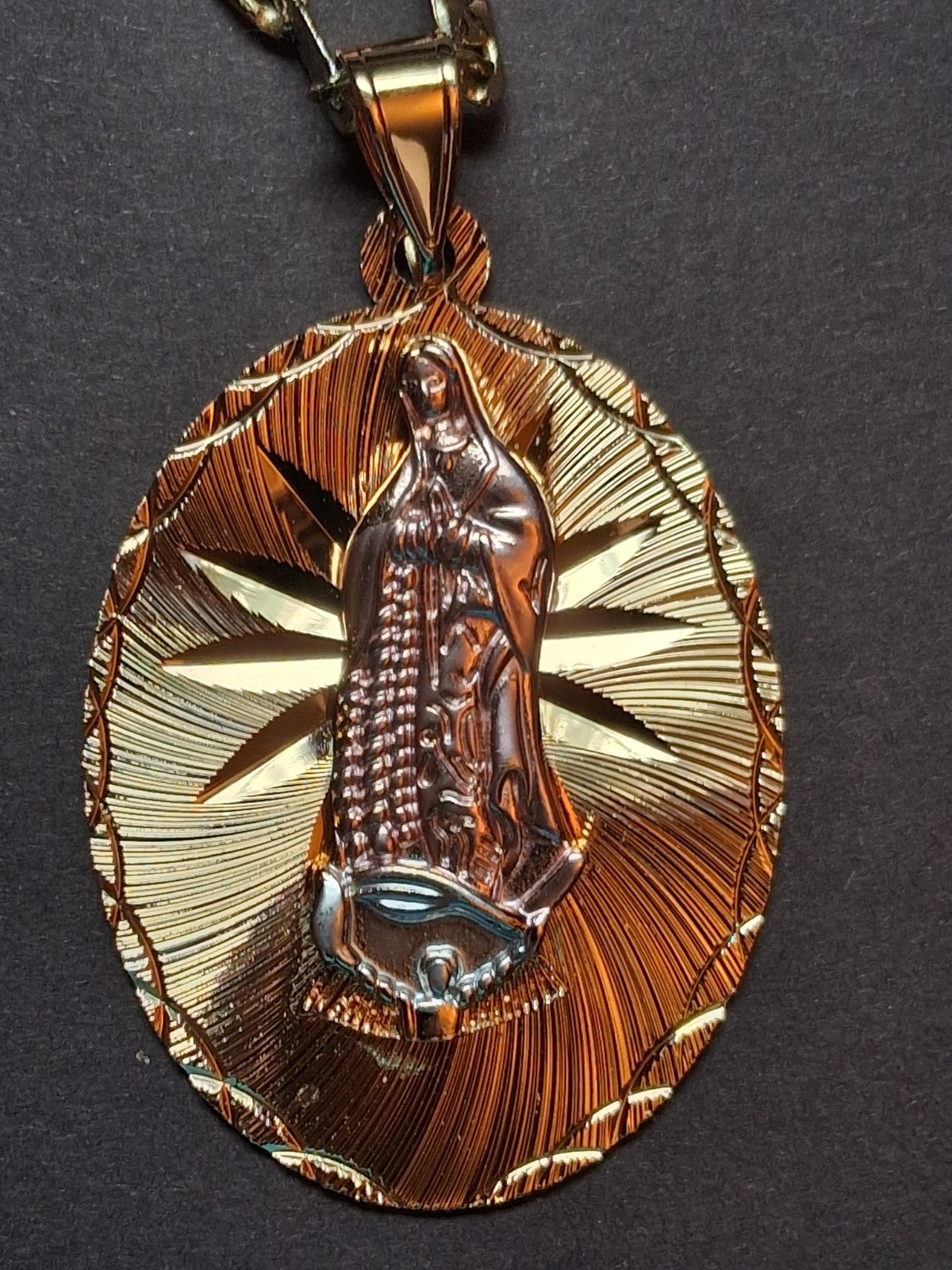 Virgin of Guadalupe Pendant, 24″ Valentino Link Chain, Gold-Plated & Tri-Tone