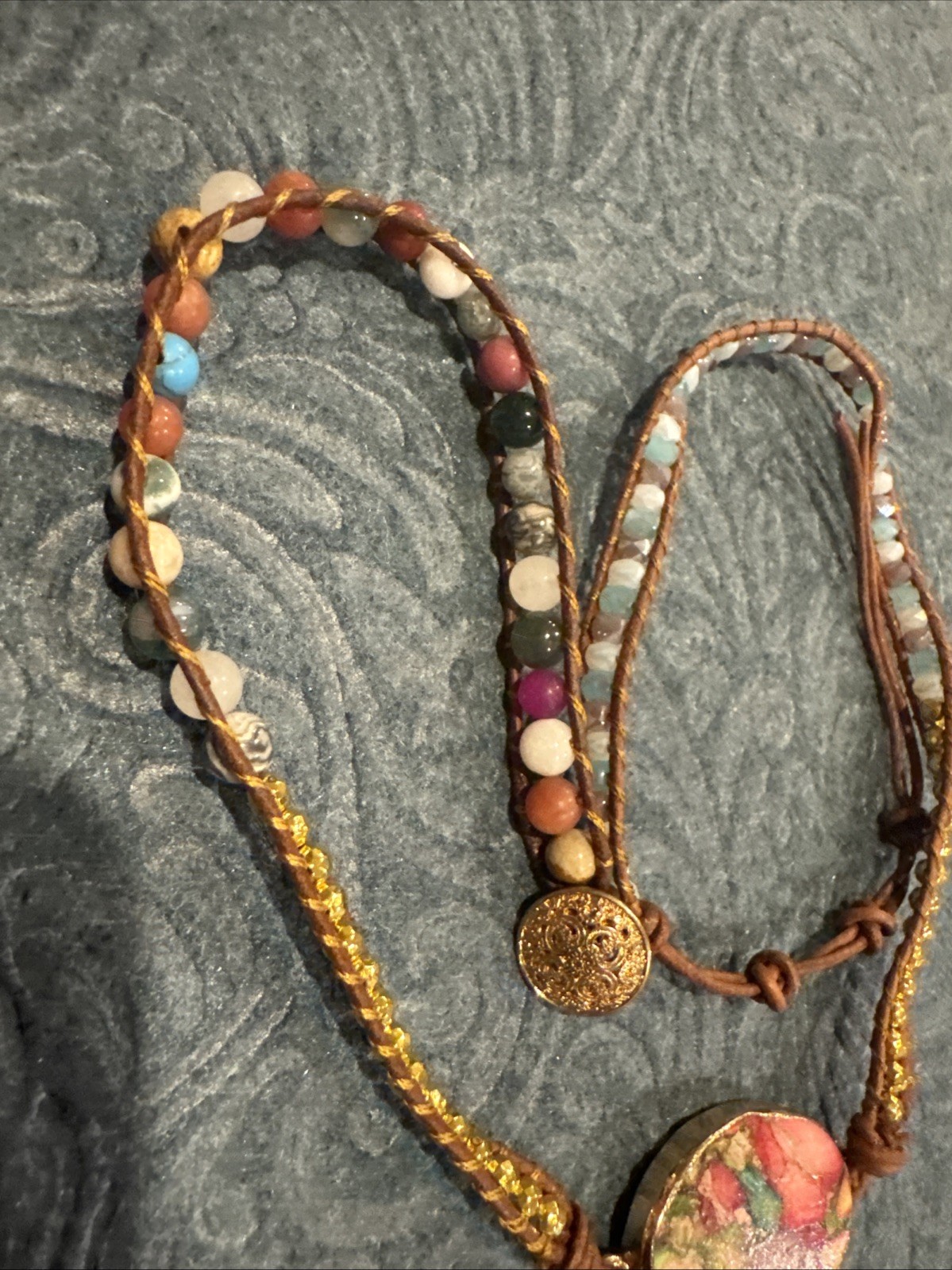 Leather And Mixed Stone Wrap Gold Tone Wrap Bracelet