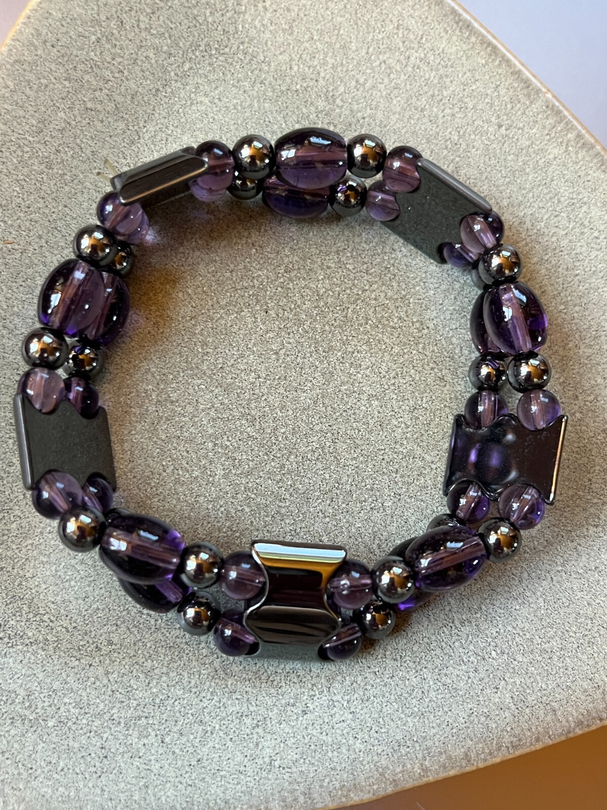 Hematite Scalloped Rectangle Round & Dark Purple Barrel & Round Bead Stretch Bra