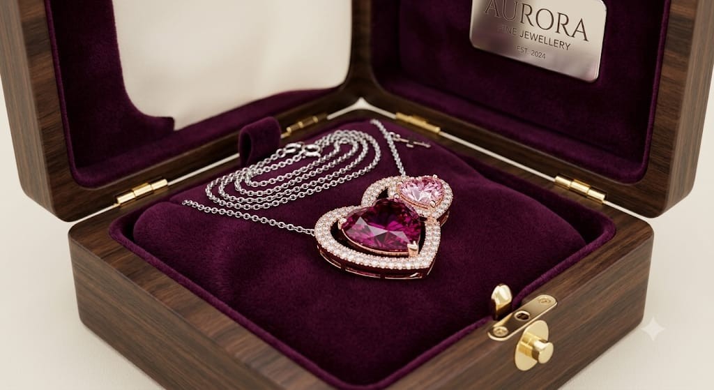 4ct Heart Cut Simulated Red Ruby/Diamond Halo Heart Pendant 14k Rose Gold Plated