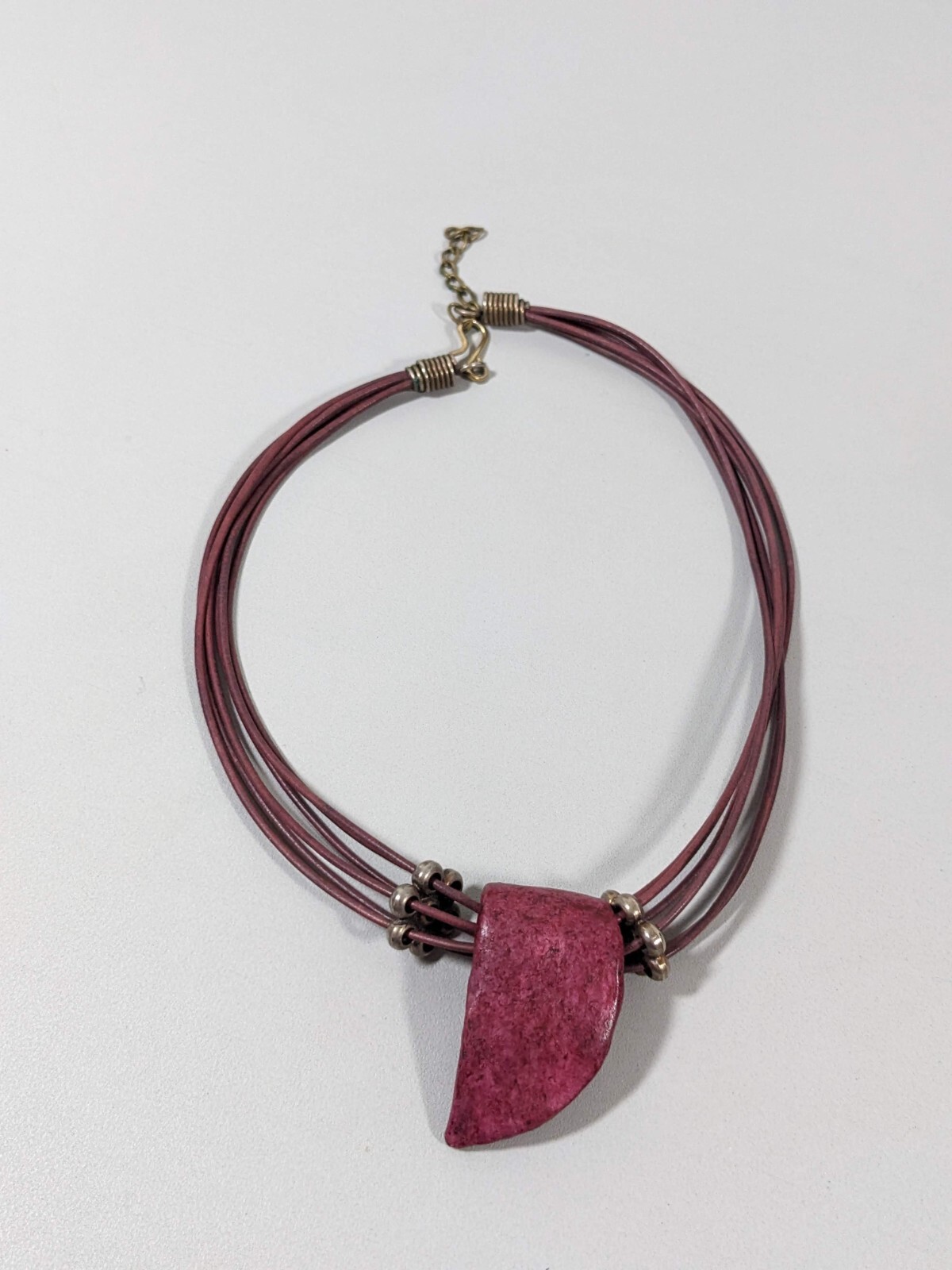 Purple Pink Curved Bar Multi Cord Necklace Artisan Style 19 inches