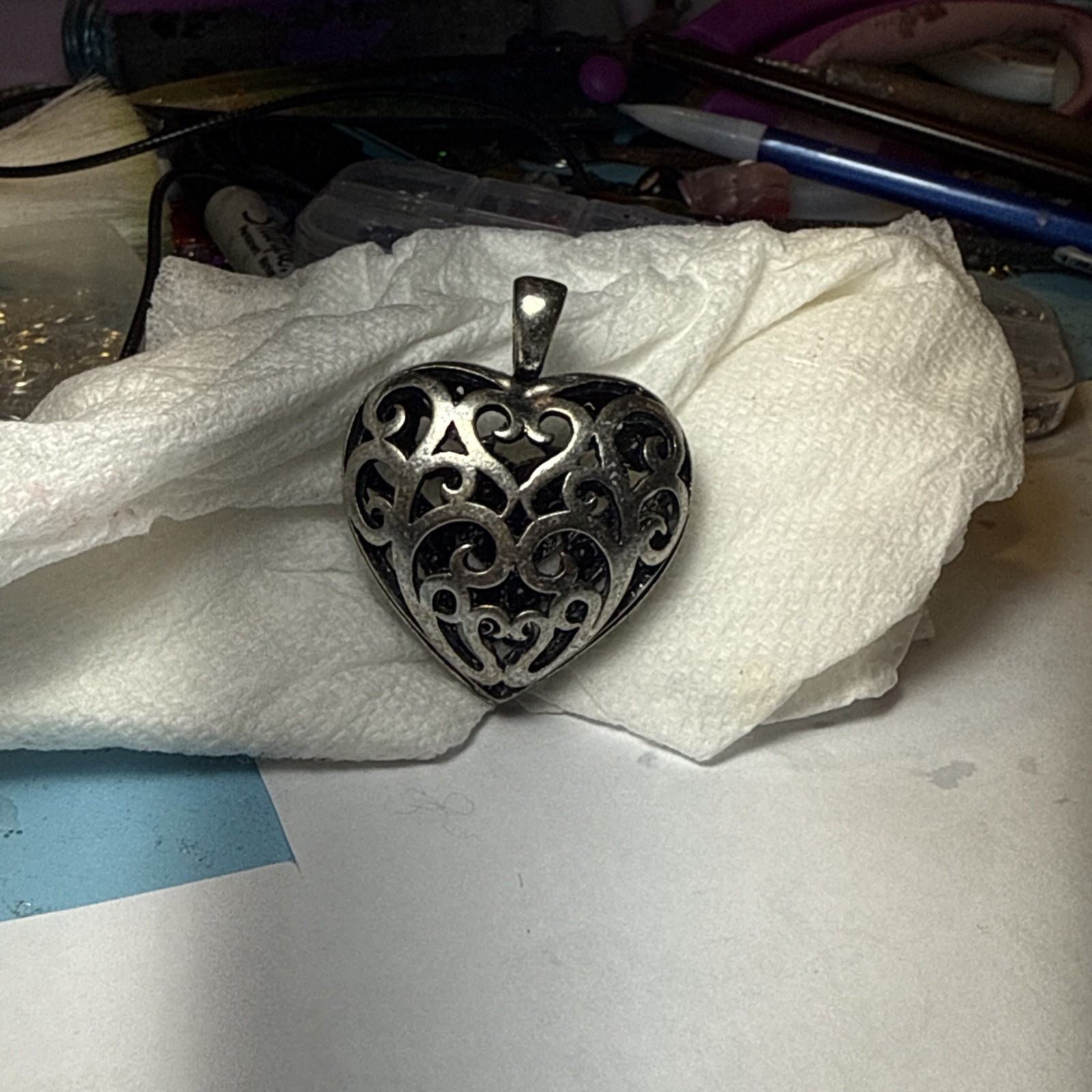 Silver Tone Ornate Filagree Rhinestone Puffy Heart Pendant 2” x 1 3/4′