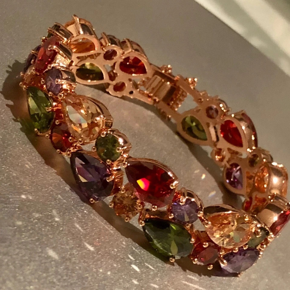 14K Rose Gold Plated Simulated Diamond Multicolor Tennis Bracelet Elegant Gift