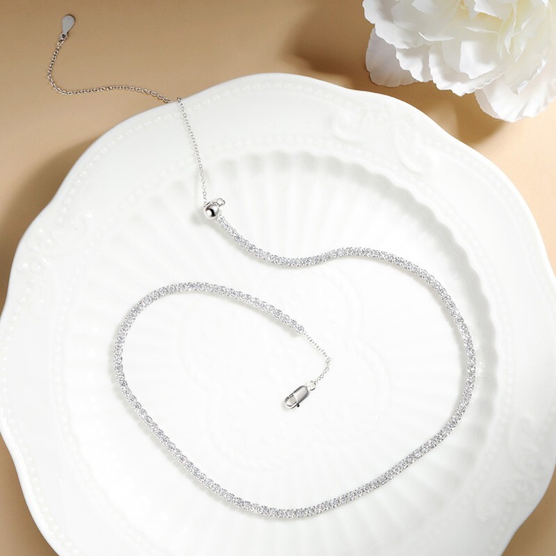 2mm D Color Moissanite Tennis Chain Necklace S925 Silver Women Adjustable Choker