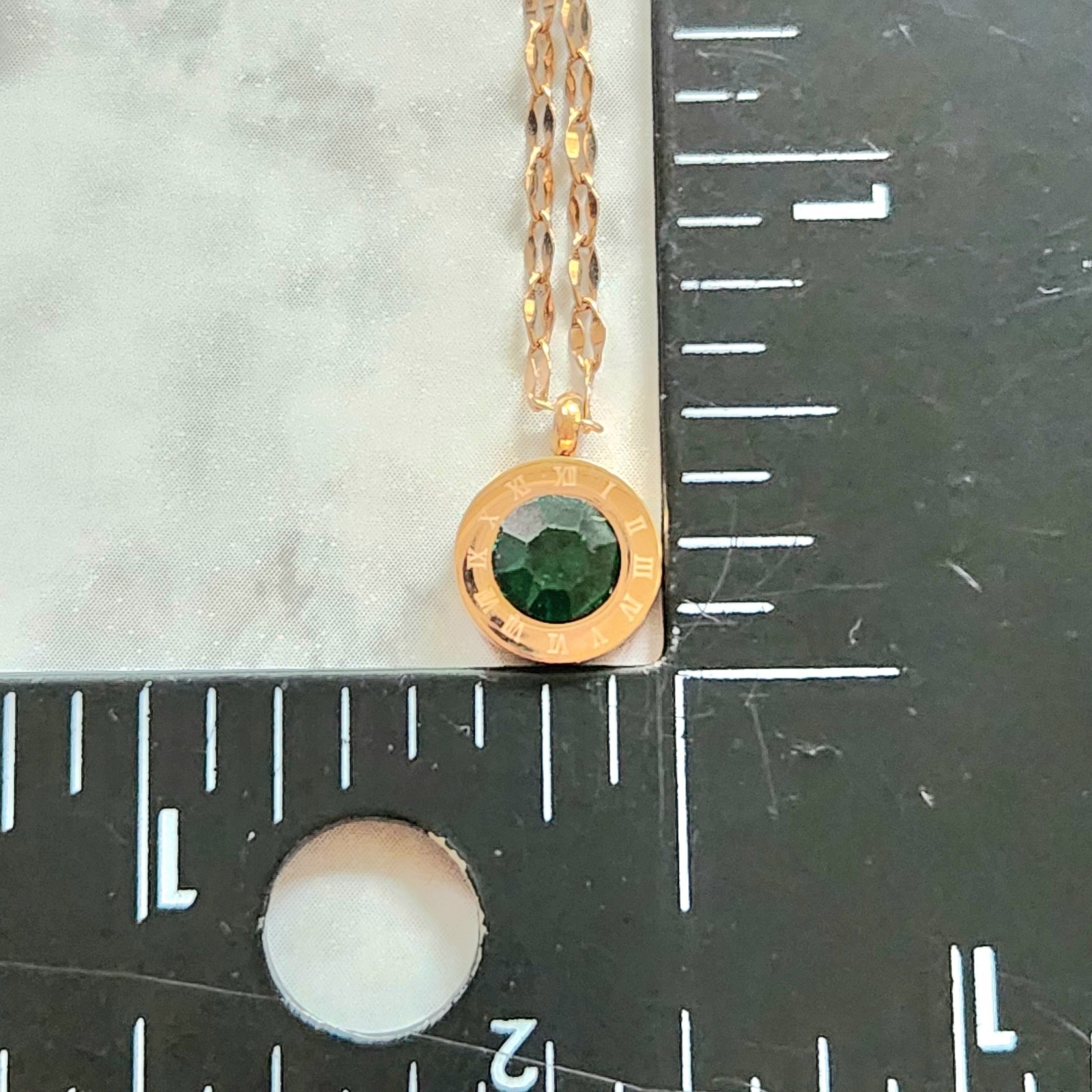 Green CZ Dot Pendant Necklace Gold Tone Stainless Steel Roman Numeral Clock
