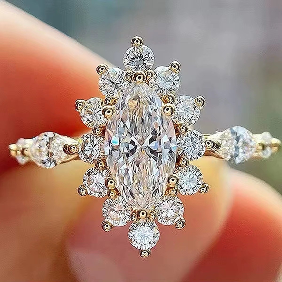 Sunburst Marquise Cut Crystal Cluster Ring 14K Gold Plated Cocktail Size 6