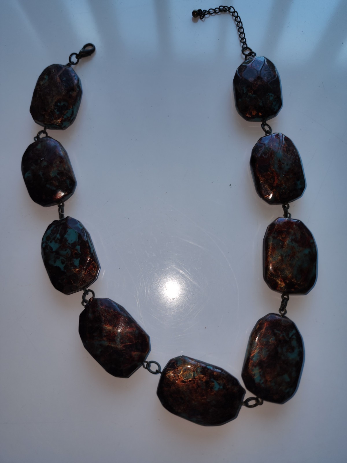 Brown & turquoise Stone-like Beaded Necklace spring ring Clasp 17-19 in