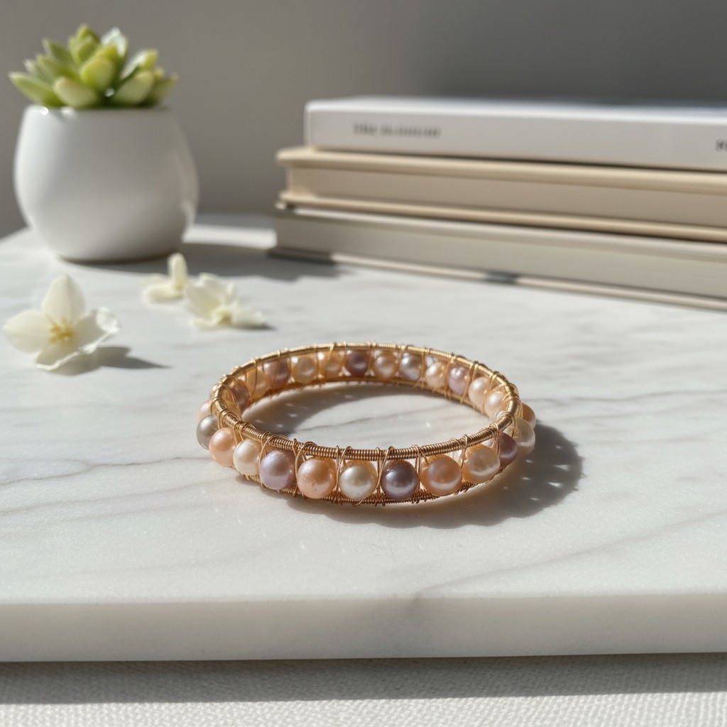 Natural Freshwater Pearl Wire Wrapped Cuff Bracelet Gold Tone Handmade Boho Gift