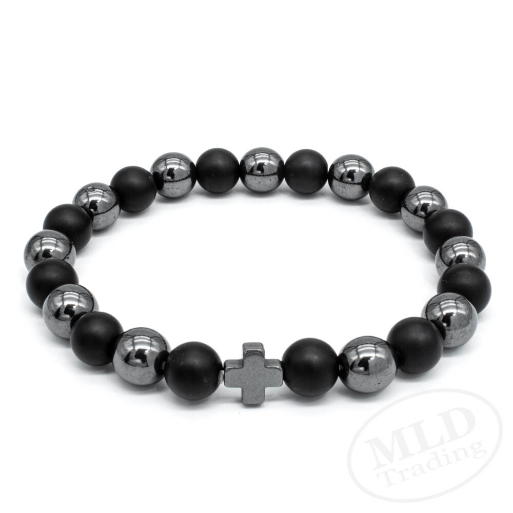 Black Hematite & Natural Stone Beads Cross Bracelet, Elastic Cord, 7 Inches
