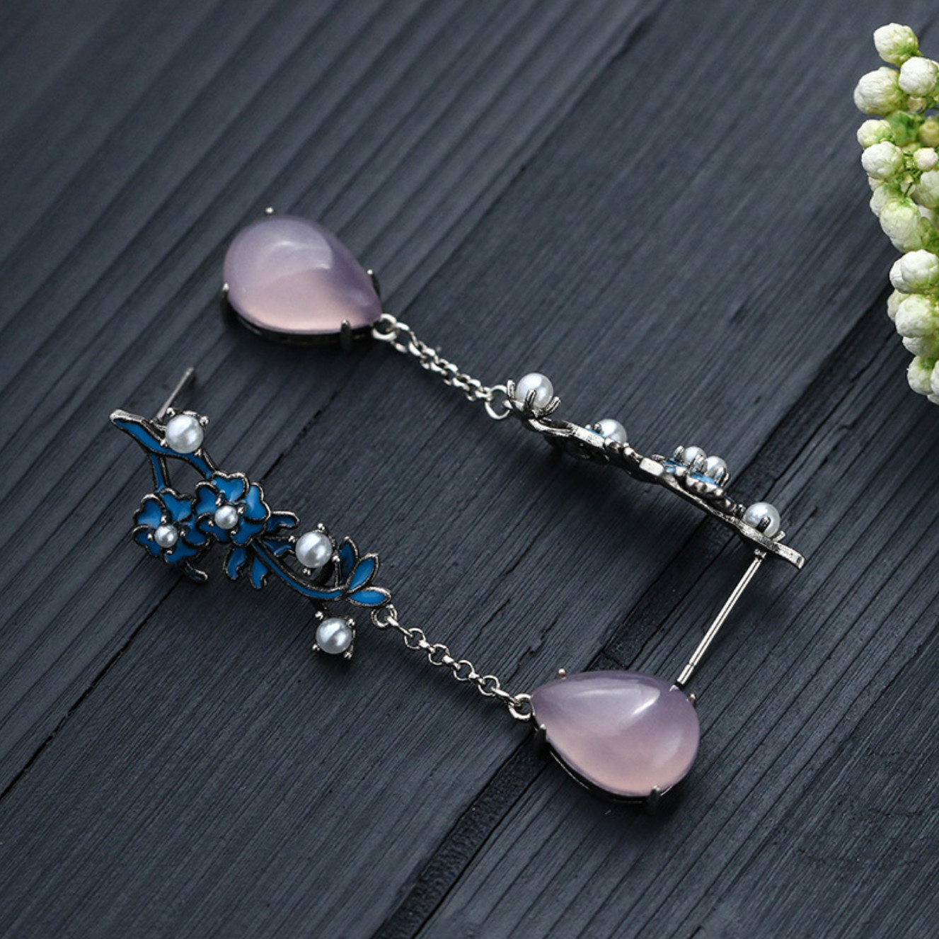 Jade Bohemian Retro Flowers Earrings Drop Dangle 18K White Gold Plated Gemstone