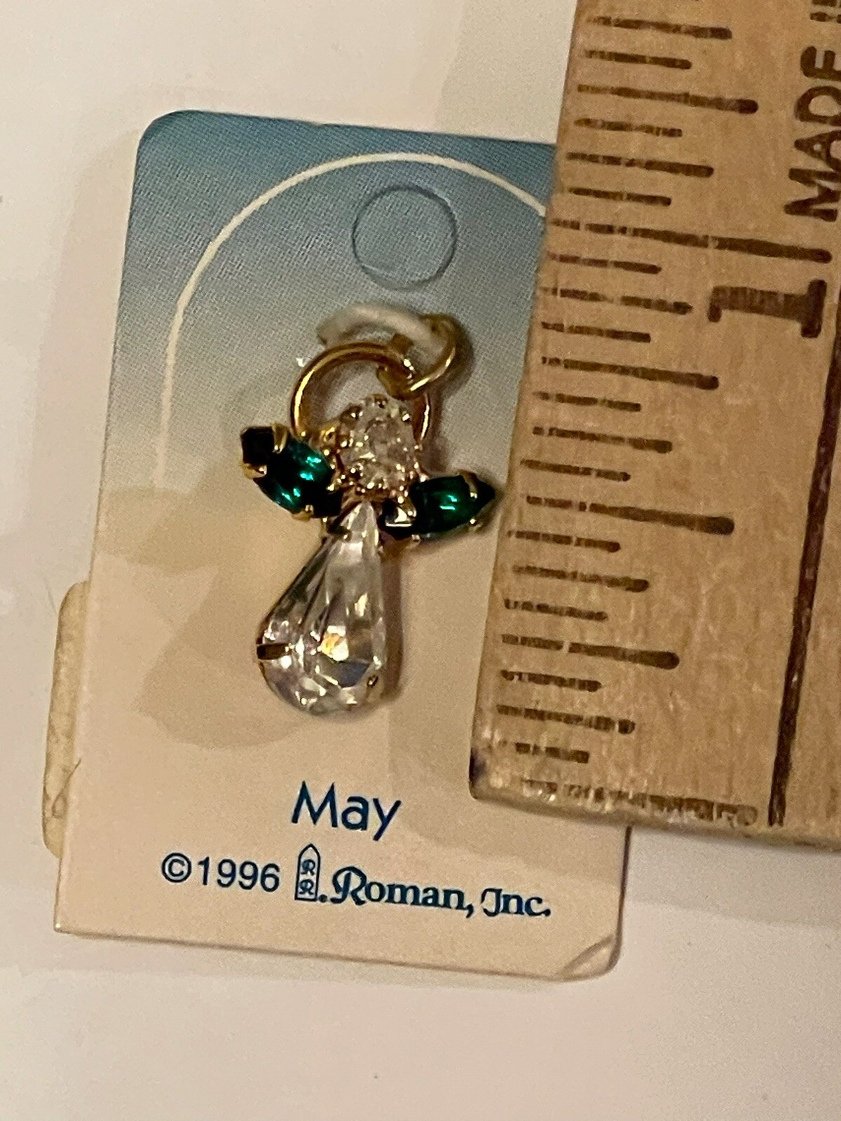 1996 May Birthstone Angel Charm Pendant Vintage Roman Inc NEW Rhinestones Green