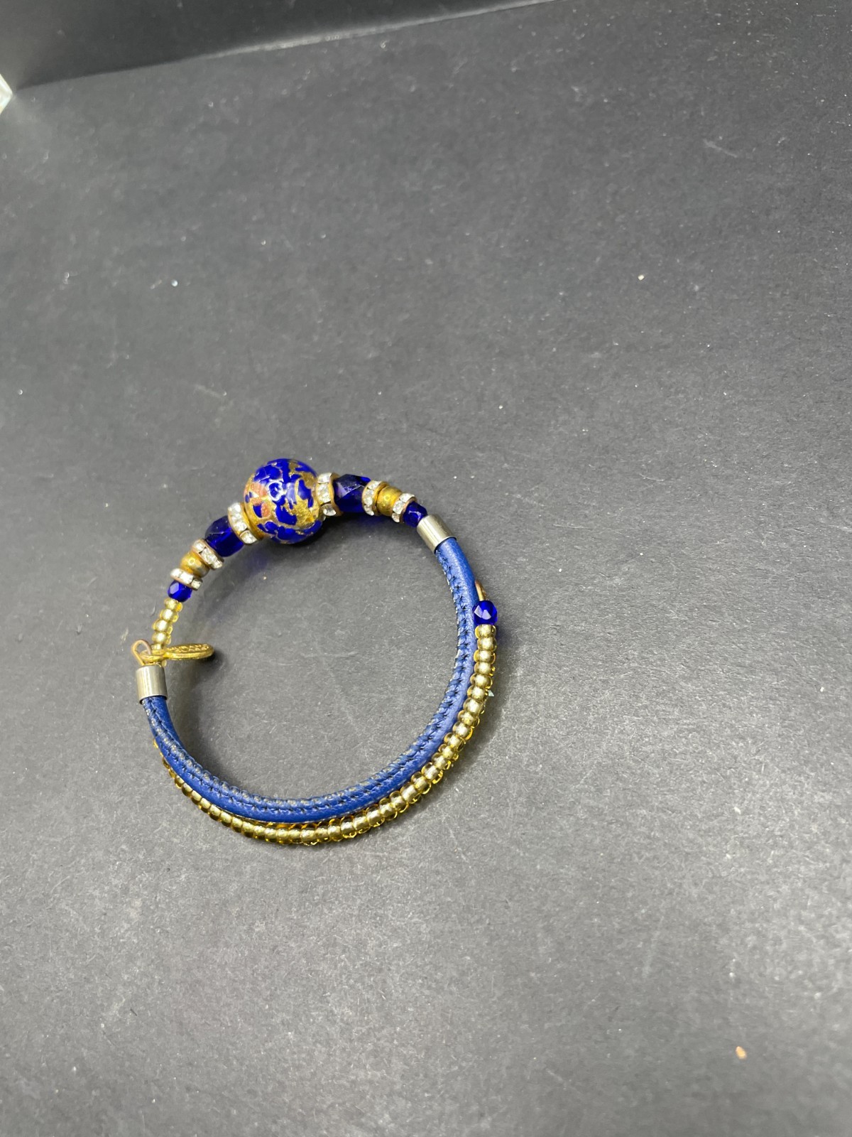 Murano Glass Coil Wrap Bracelet Blue Gold Foil Venetian Bead Rhinestone Leather