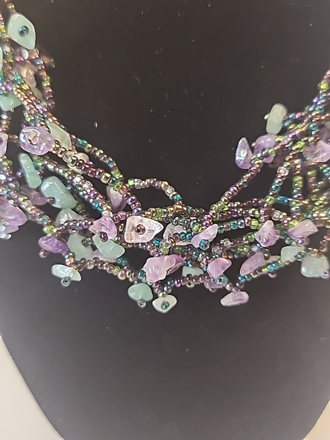 Multi-strand Semi-precious Stone Chips & Glass Seed Bead Statement Necklace 19″