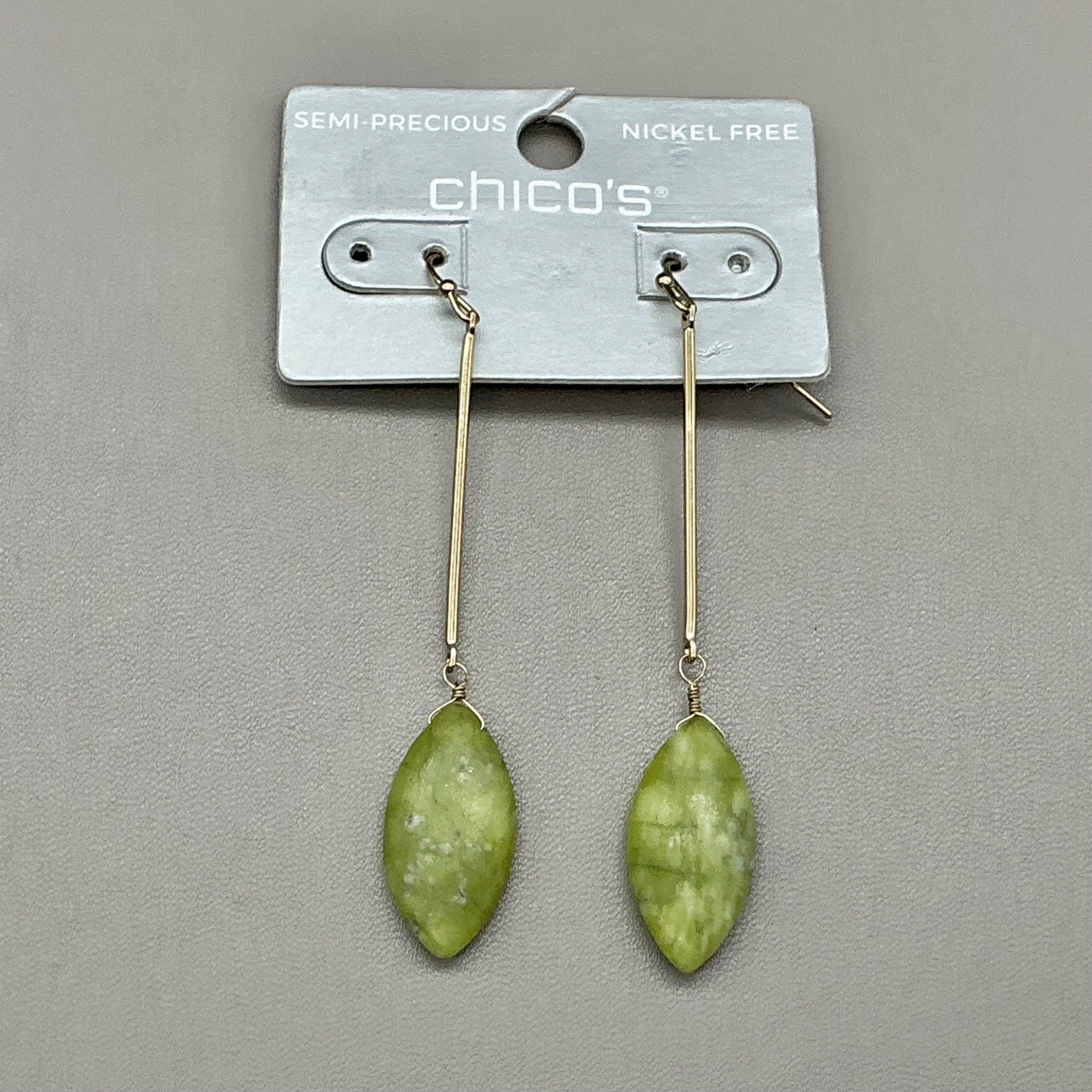 Chico’s Earrings Women Gold Tone Green Semi Precious Stone Dangle 2.75 Inch