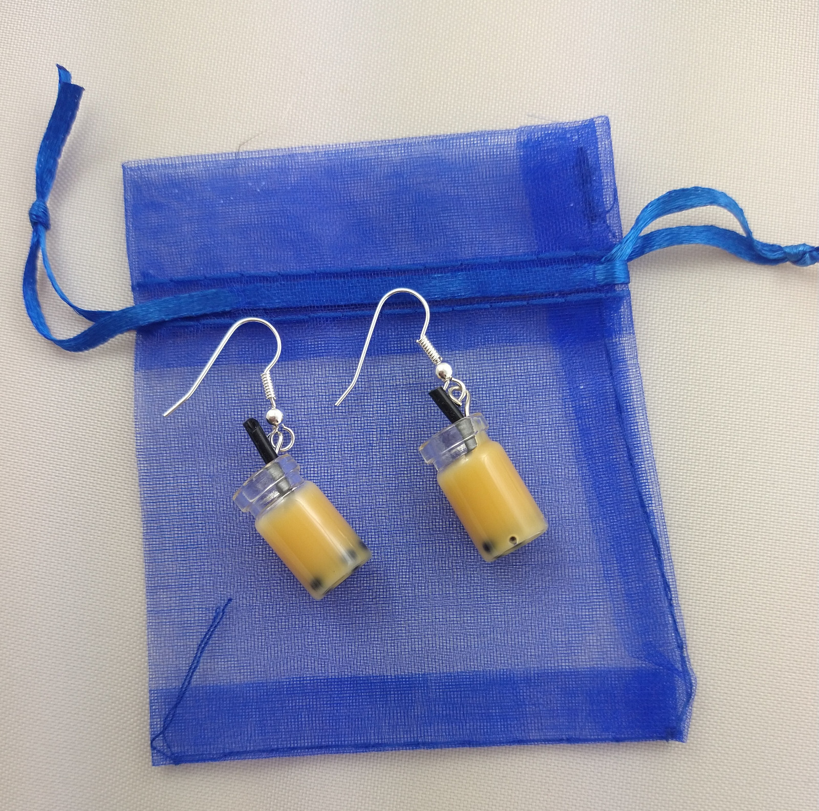 Fun orange brown boba bubble tea earrings, gift bagged Silver-plated ear hooks