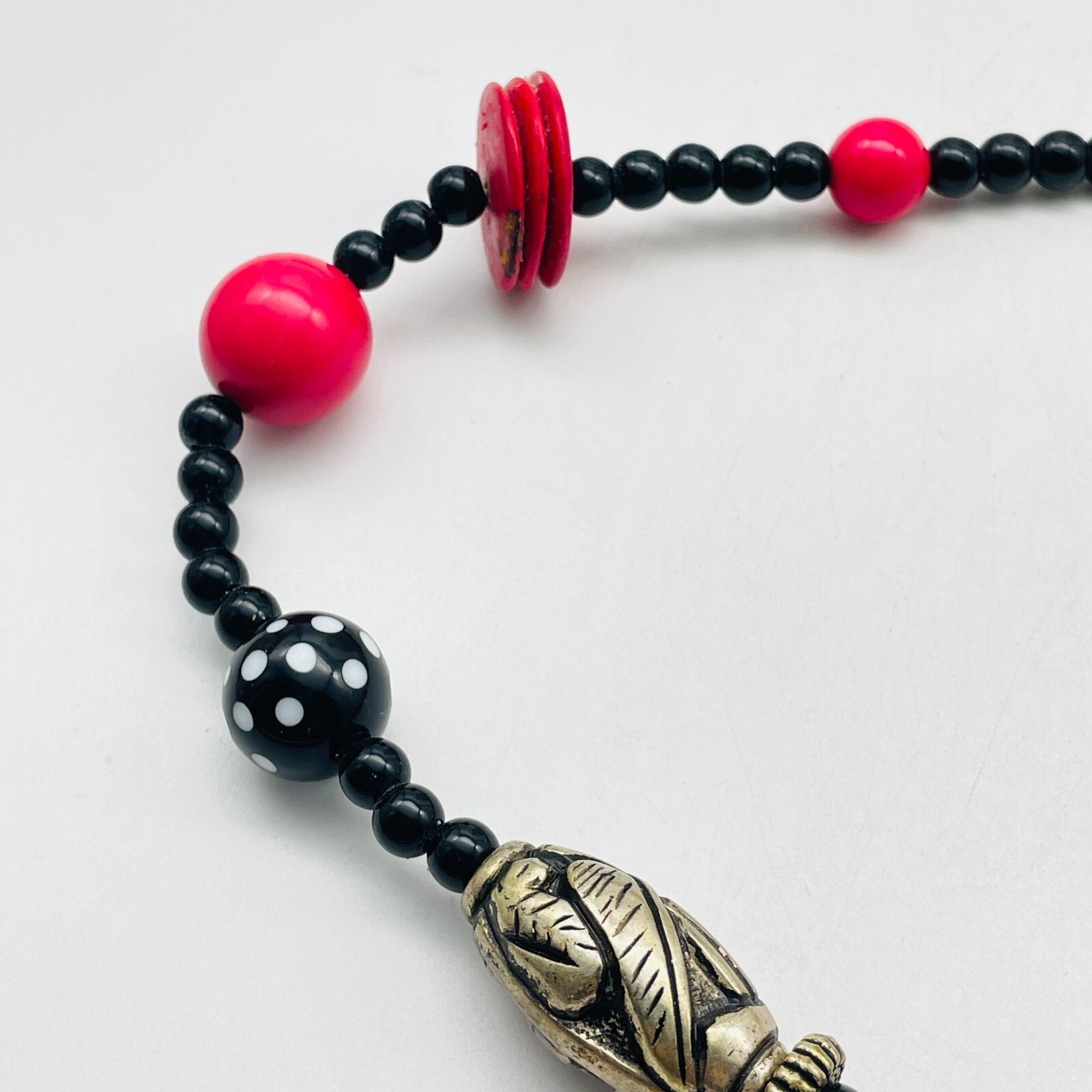 Beaded Station Necklace Black Pink White Orange Silver Tone Chunky Boho Festival