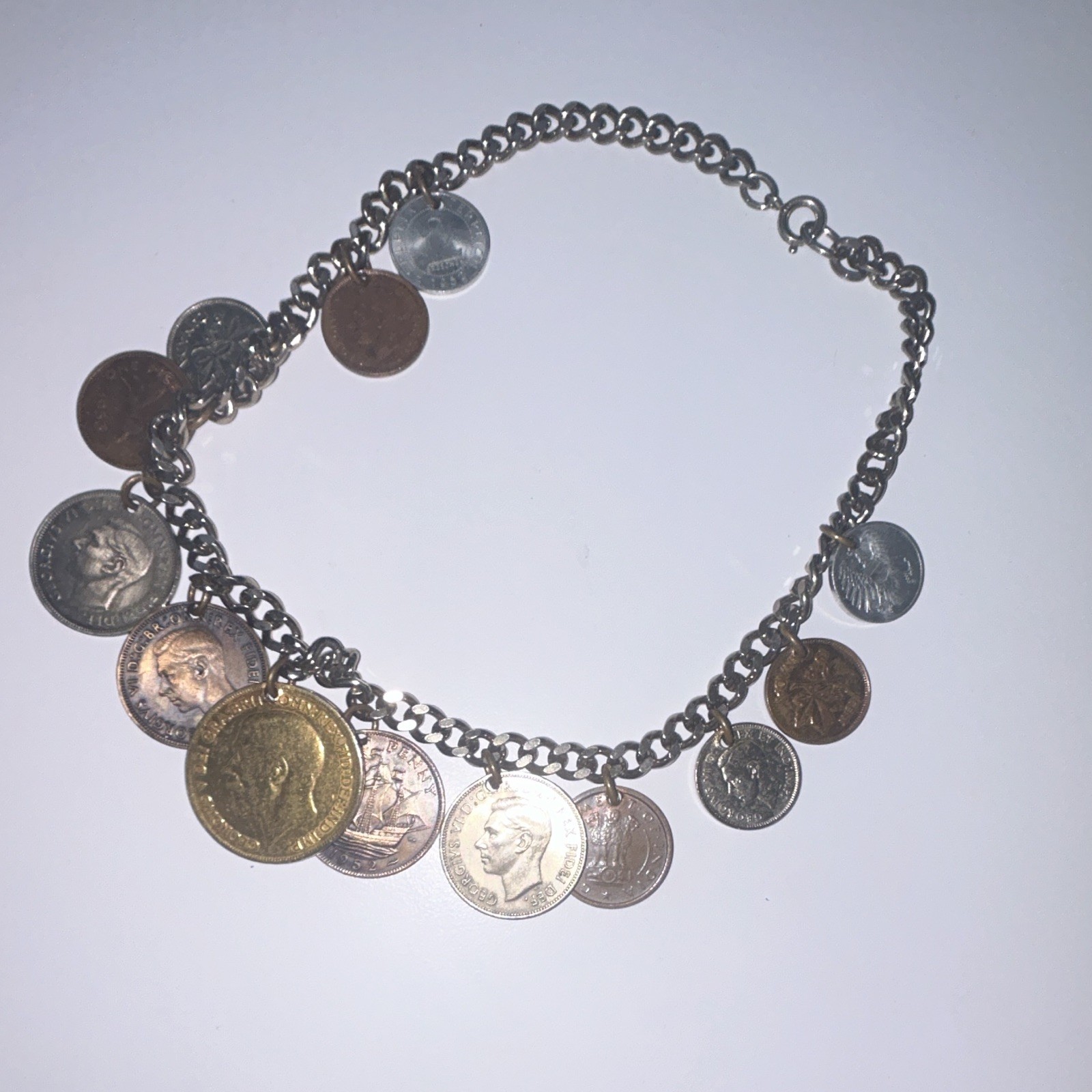Coin Theme Cable Chain Charm Bracelet Round Dangle Charms Spring Ring Multi