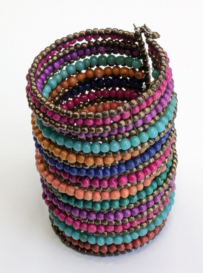 Huge 3.5″ Wide Multicolor Glass Beaded Brass Statement Bracelet Bohemian Tribal