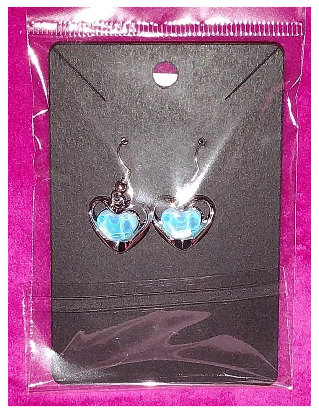 Synthetic Opal Gemstone Inside Silver Heart Drop Dangle Silver Plated Earrings