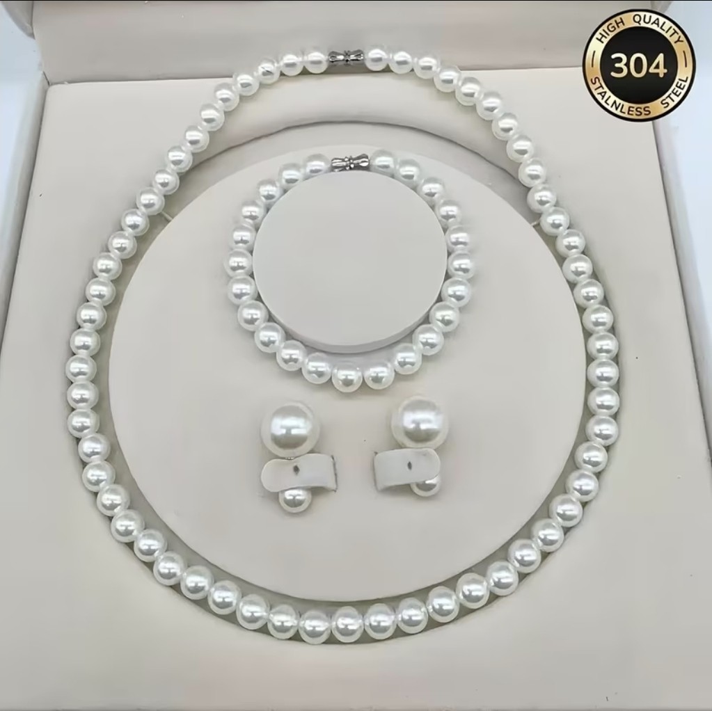 Imitation Pearl Set: Necklace Bracelet Earrings, Stainless Steel