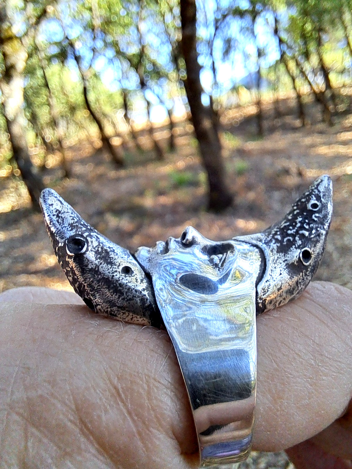 Moon Goddess Silver Ring, Crescent Moon Face Ring