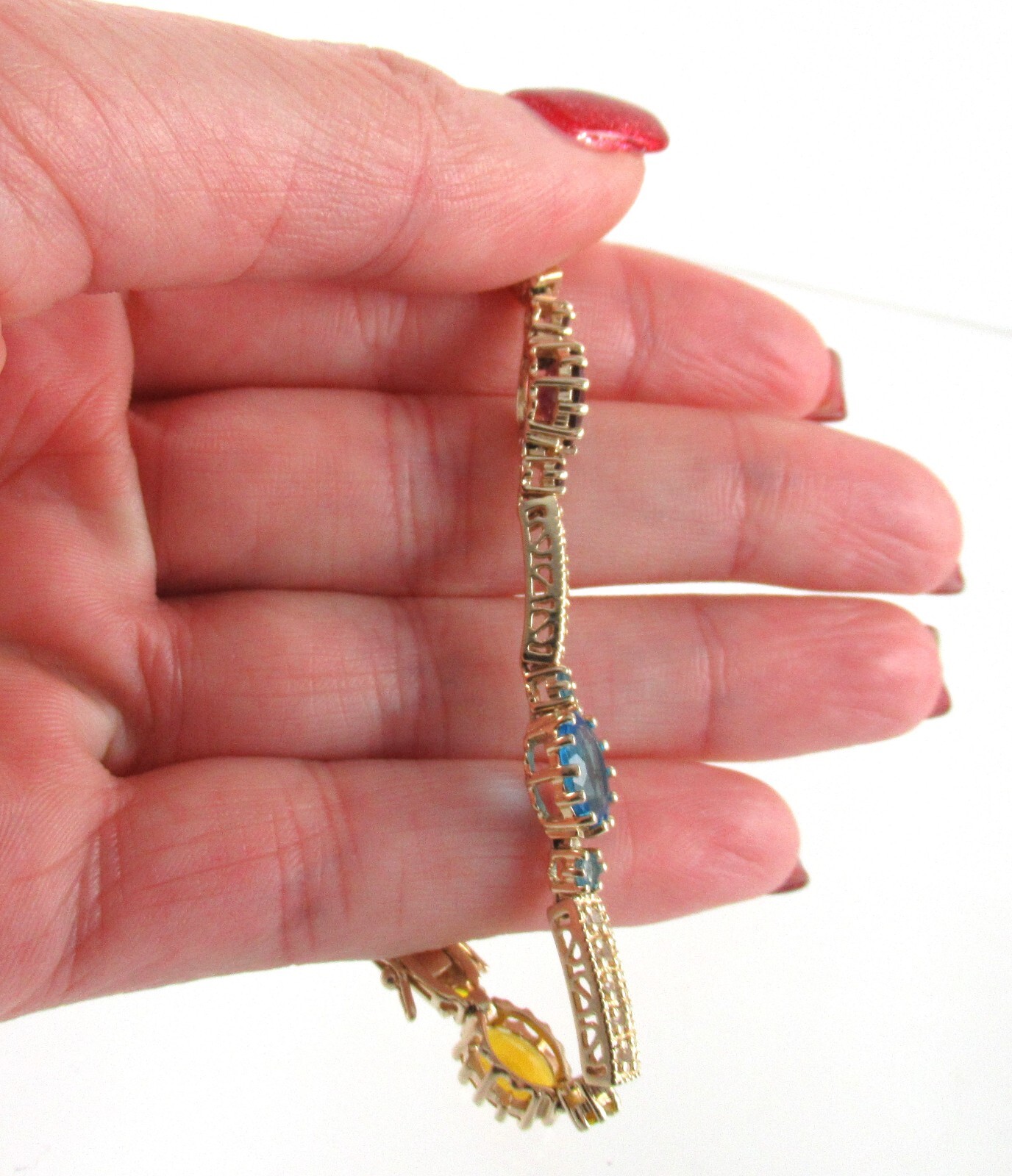 .925 Sterling Silver Rainbow CZ Bracelet Yellow Gold Plated Tennis Filigree 7.5″