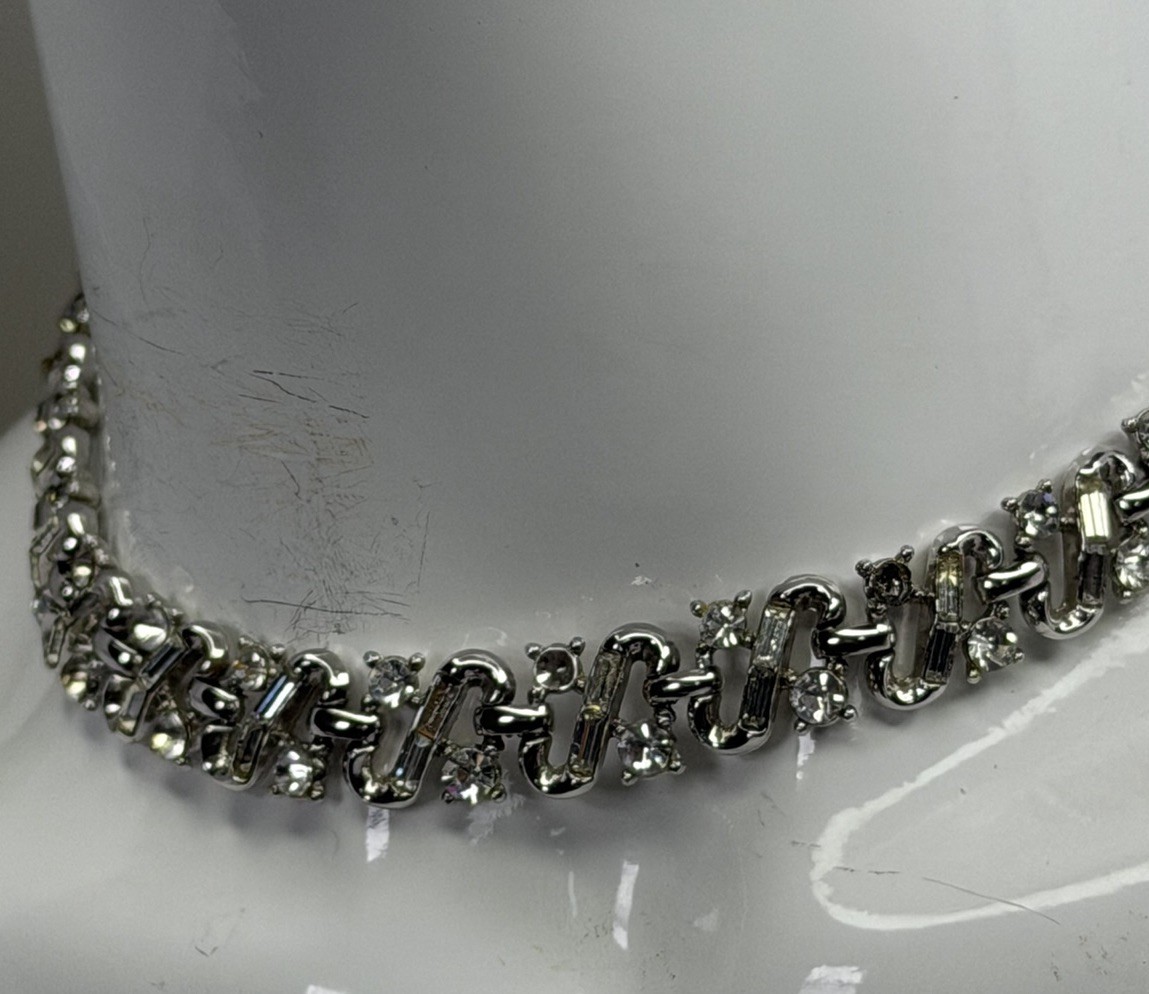 Trifari Silver Tone Clear Crystal Rhinestone Link Choker Necklace Signed