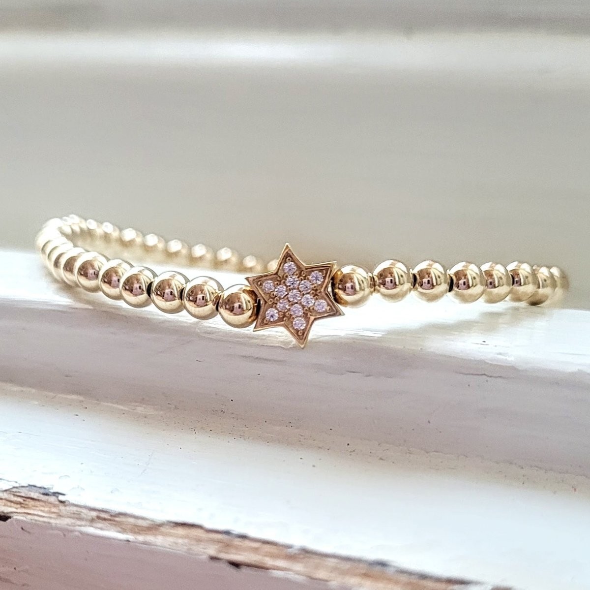 14K Gold Filled Bead Bracelet Jewish Star Charm 6.75″ Dainty