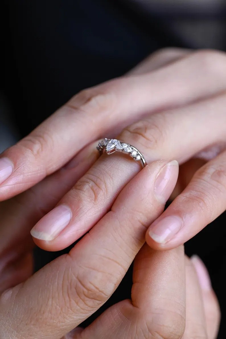 Pear Cut Moissanite With 18k White Gold Plated Silver Women’s Band Ring #84