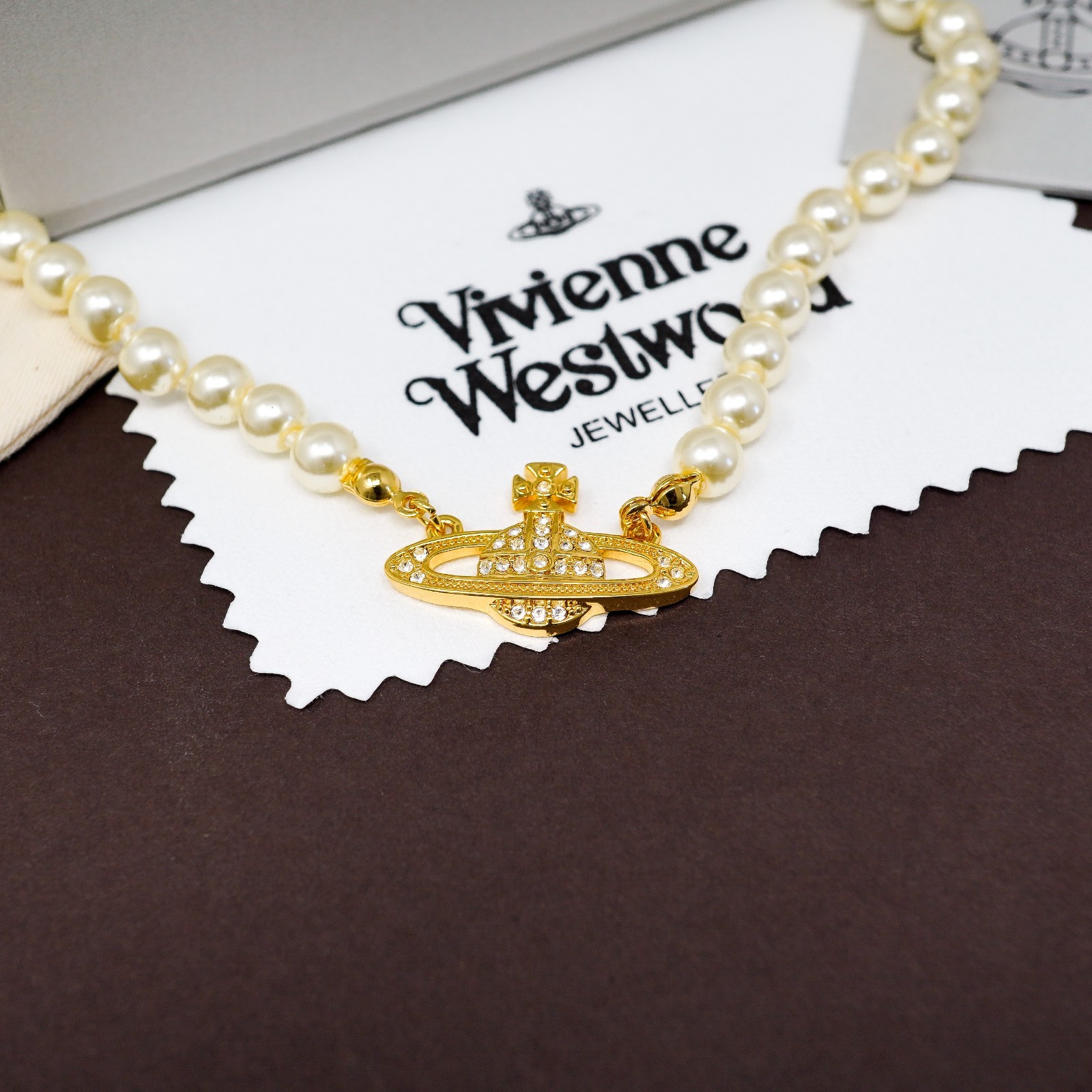 Vivienne Westwood Necklace Bas Relief Pearl & Gold Pendant With Crystals & Box