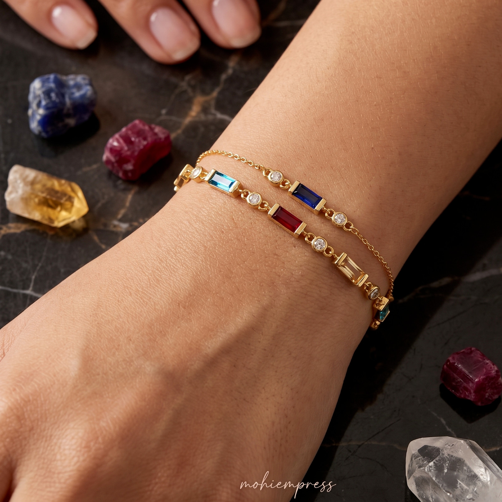 Personalized Baguette Birthstone Bracelet, Sterling Silver Gemstone Jewelry