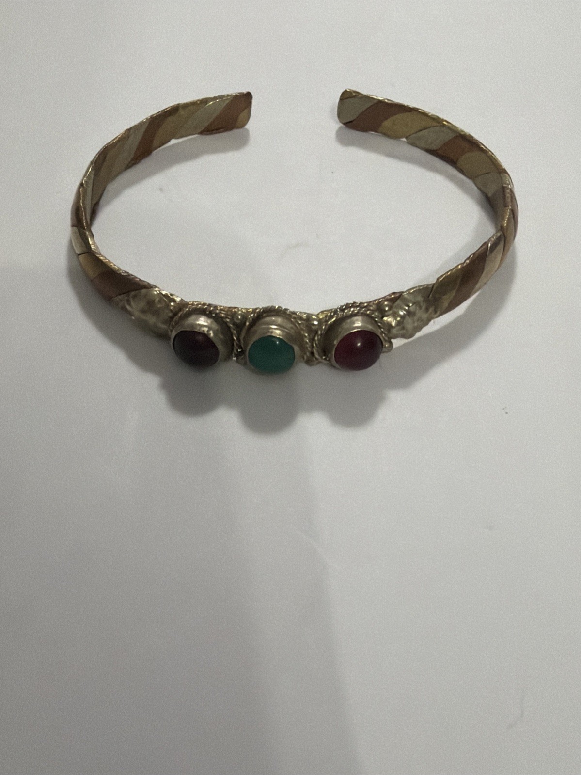Vintage 3 Metal Braided Cuff Rope, Green & Red Stone, Copper Tone Bracelet —(G)