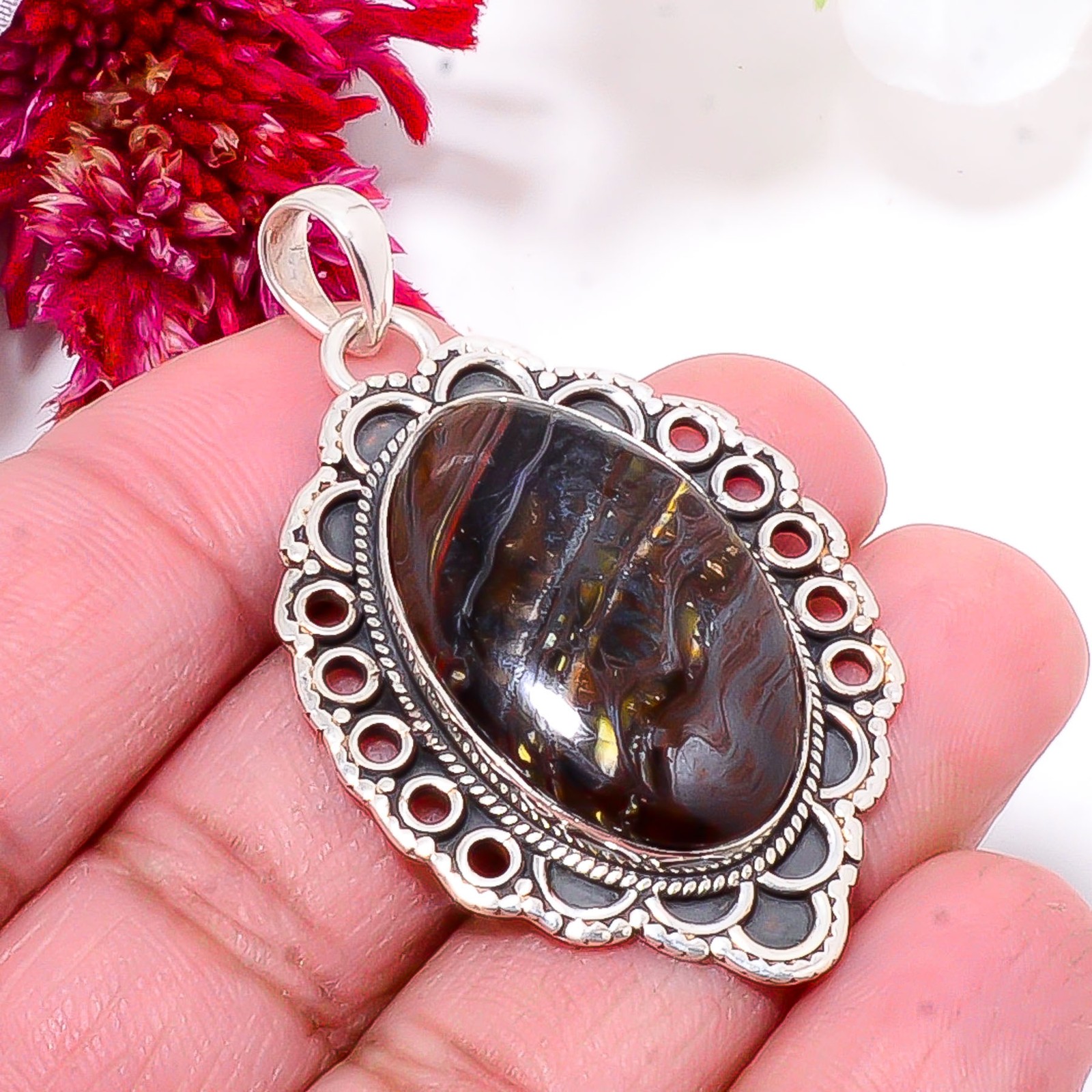 Iron Tiger Eye – South Africa 925 Sterling Silver Bali Pendant 1.95″ Sku36