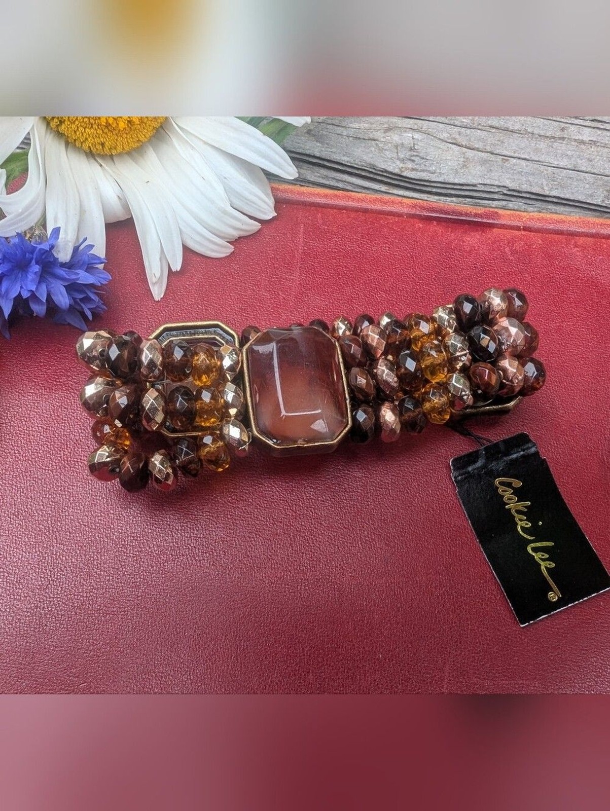 Cookie Lee Amber and Brown Faceted Bead Stretch Bracelet with Center Stone