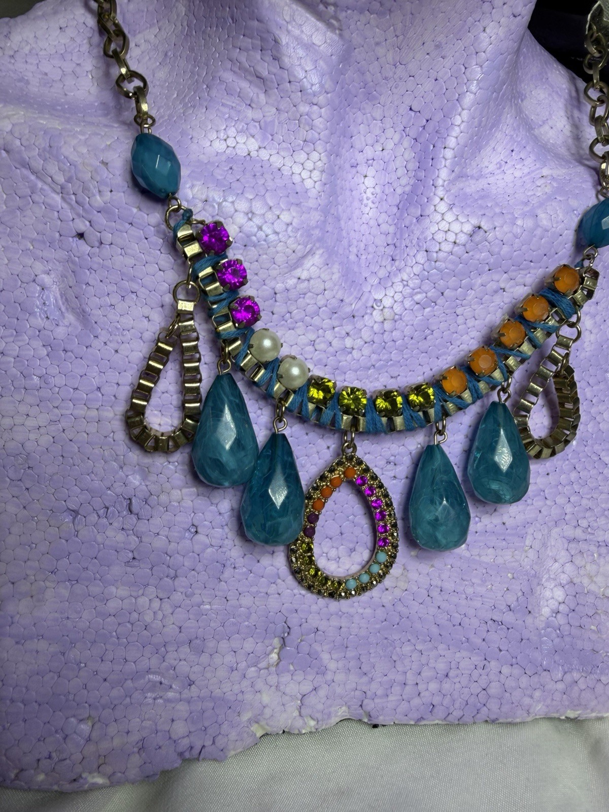 Colorful Statement Bib Necklace Blue Teardrop Rhinestone Boho Festival #07