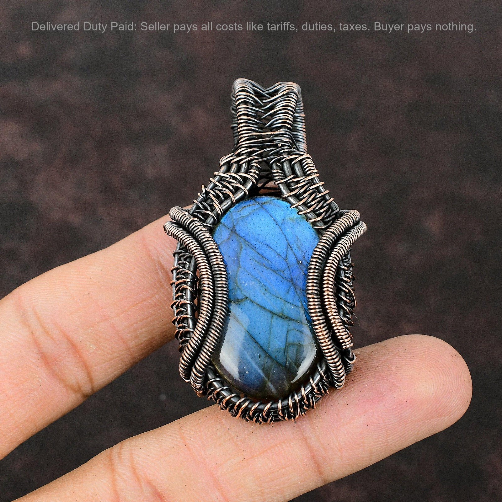 Oval Labradorite Stone Wedding Wire Wrapped Art Deco Boho Pendant Jewelry Copper