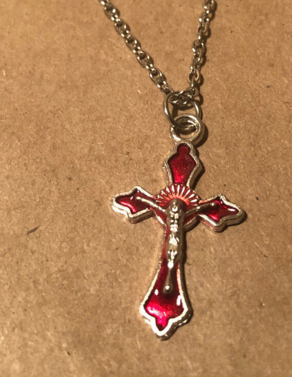 18 Inch Chain, Cross Necklace, Red  Crucifix,  Pendant, Men Woman religious 