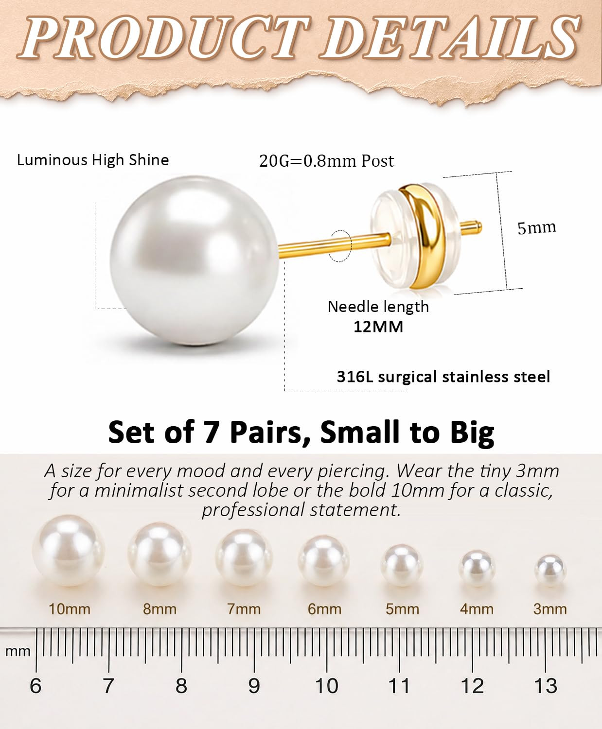 Gold Pearl Stud Earrings Set for Women, 7 Pairs (3–10Mm), Hypoallergenic with So
