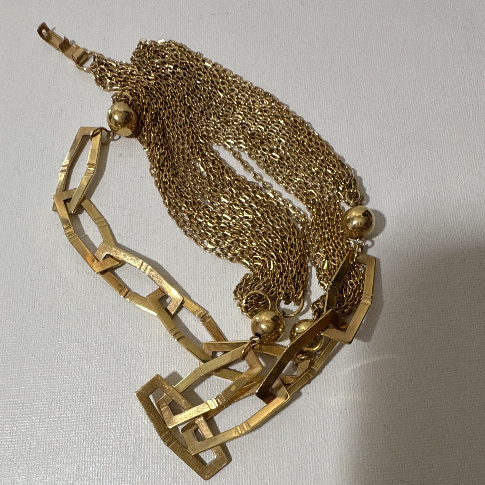 Gold Tone Multi-Strand Bar Link Chain Necklace Geometric Charm Box Clasp 18″